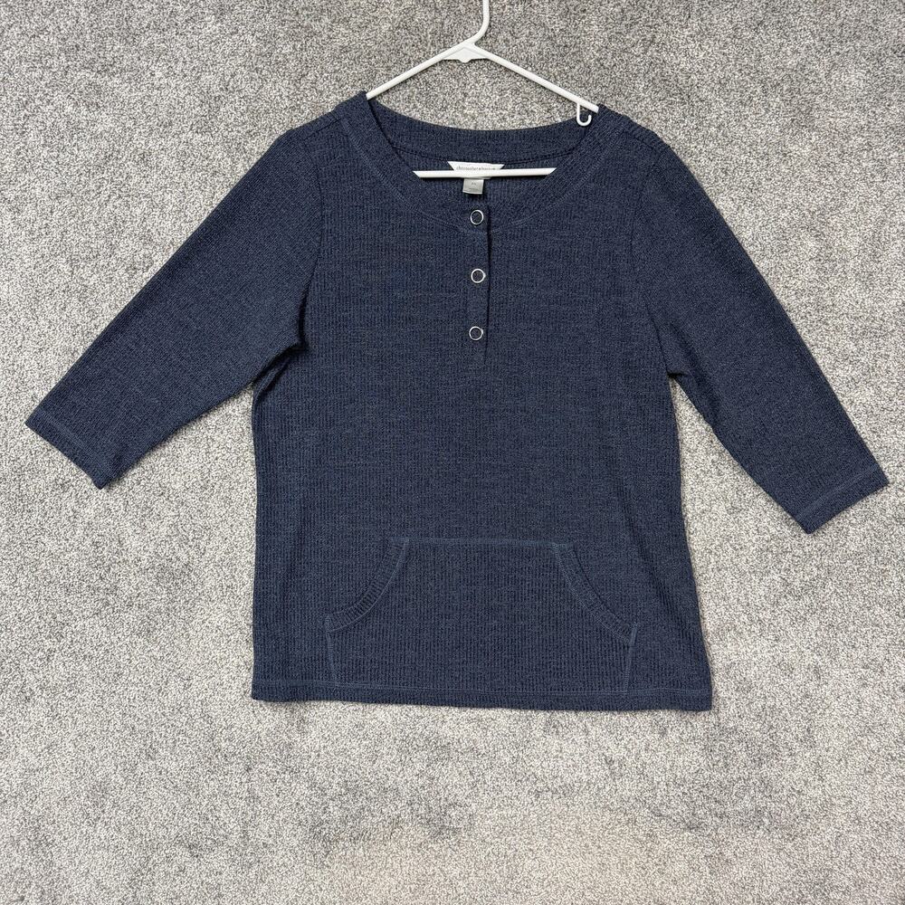 Christopher & Banks Henley Sweater Womens P/L Petite Blue Knit Coastal Normcore